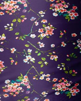 Satin with flowers print on backgroud Purple - Tissushop